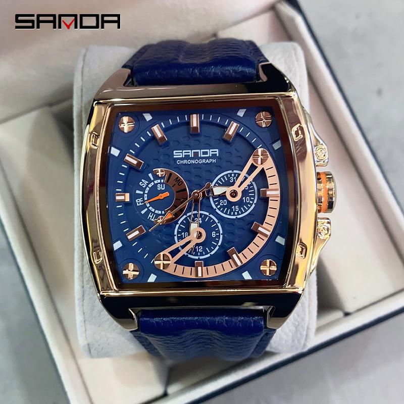 SANDA Sanda Новые кварцевые часы с квадратным ремнем, модные часы с тремя глазами и шестью контактами, весы для ногтей