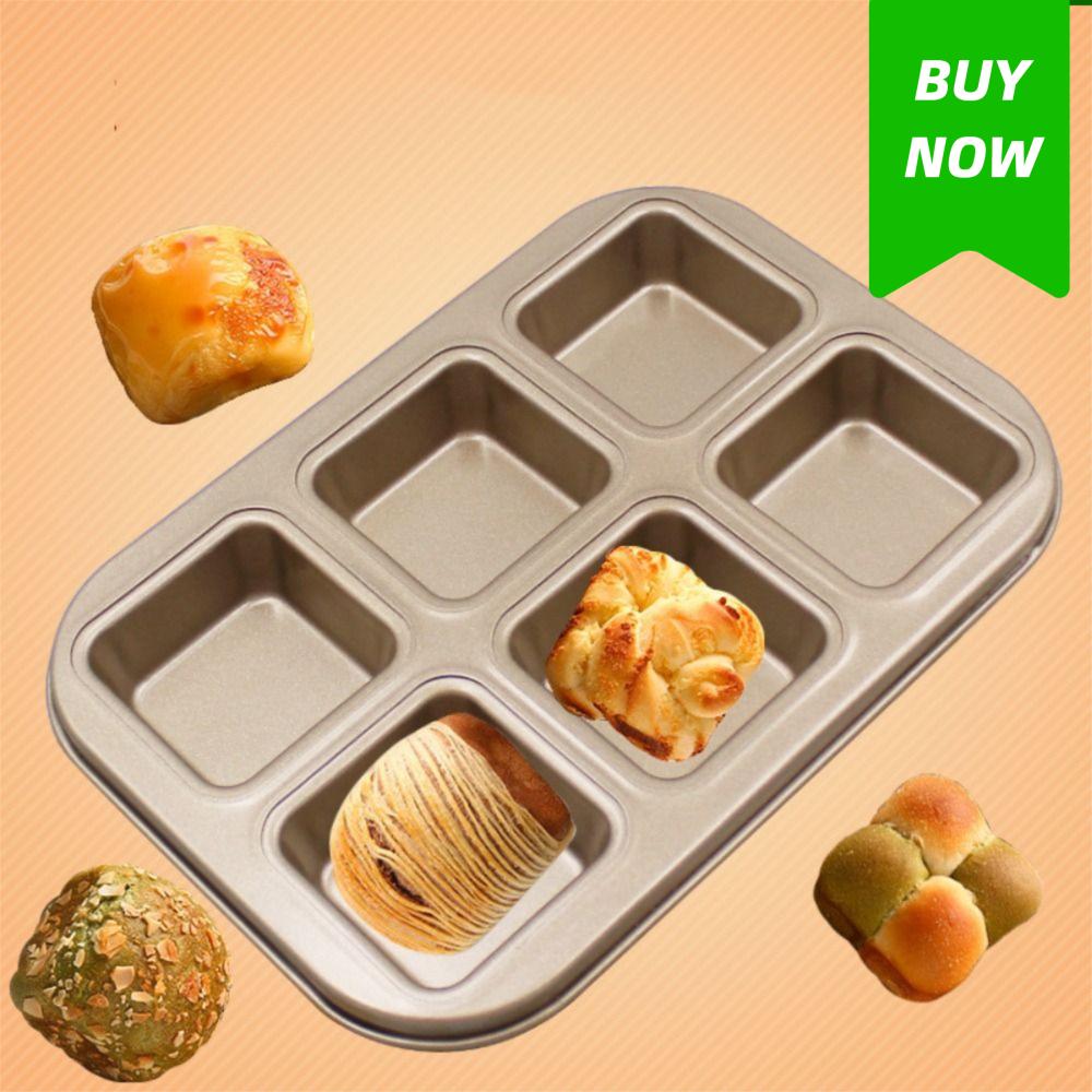 Форма для пирожных с 6 ячейками, из углеродистой стали, с антипригарным покрытием, для выпечки маффинов и пирожных, квадратный узор, прямоугольная форма для хлеба, гамбургер