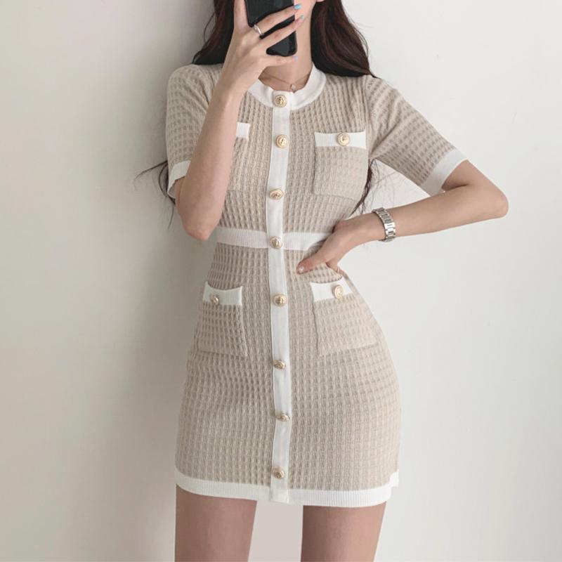 Вязаное платье на пуговицах, облегающее мини-платье Curto, корейское летнее сексуальное вечернее элегантное черное платье Moda Feminina Ropa Mujer