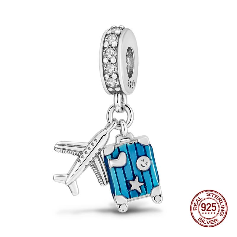 925 Silver Airplane Travel Luggage Charms Bead Fit 3mm Bracelet Womens DIY Jewelry Gifts Charms