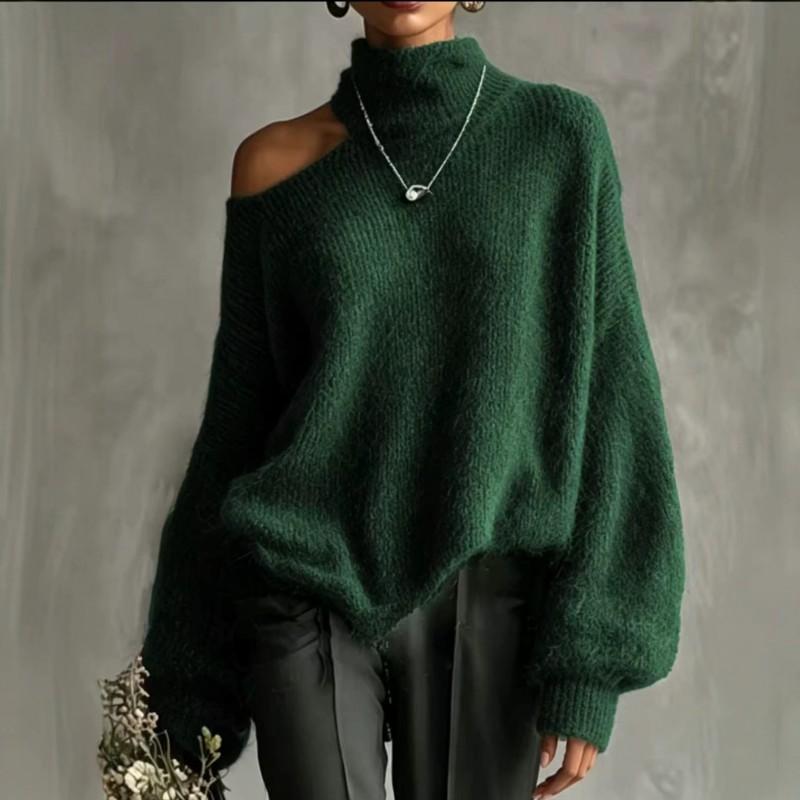 Womens Oversized Turtleneck Knit Sweater Loose Fit Shoulder-Exposing Pullover Winter 2026