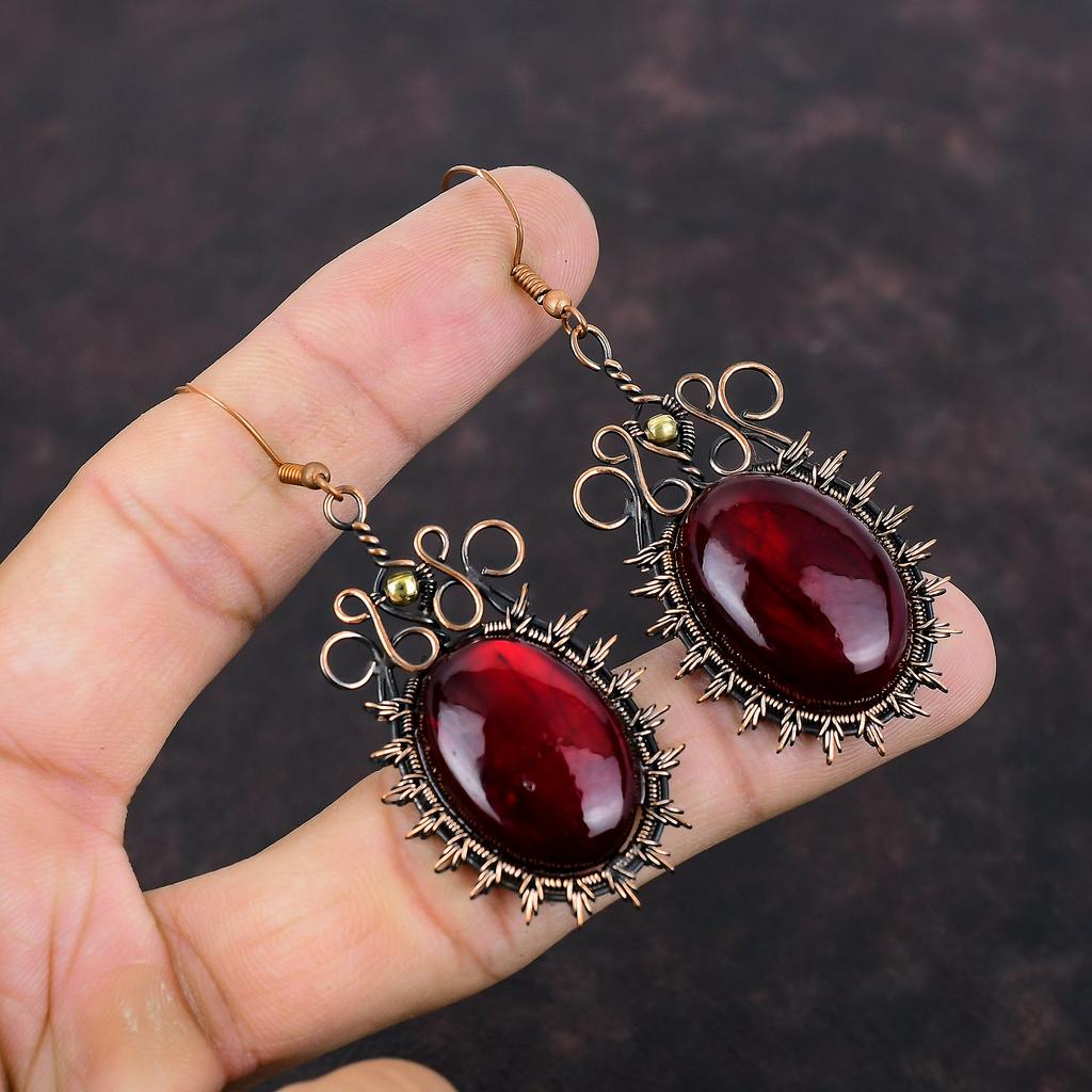Серьги из красного огненного лабрадорита, серьги из медной проволоки, настоящие серьги из драгоценных камней, ювелирные изделия из медной проволоки, висячие серьги ручной работы, свадебный подарок