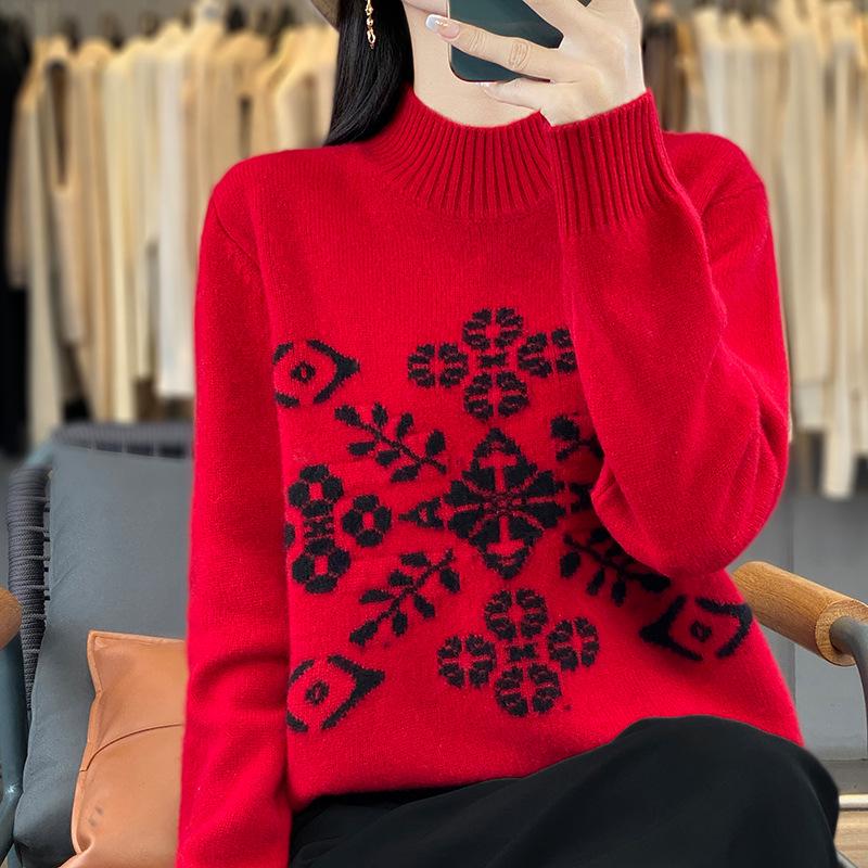 Women's High Neck Snowflake Wool Sweater - Autumn/Winter Color Block Knit Top