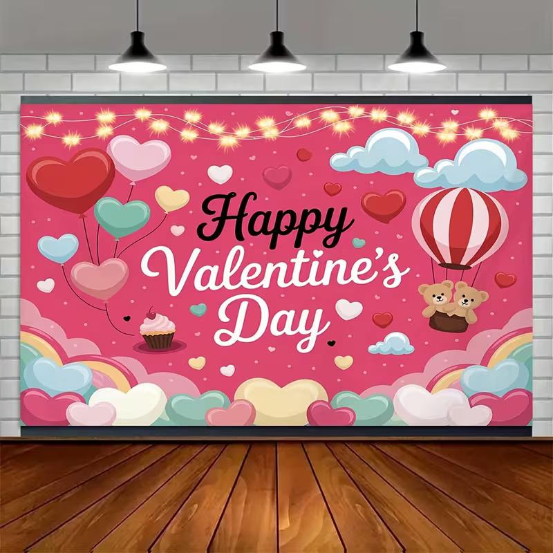 2D Sweet Pink Valentine's Day Banner with Teddy Bears and Balloons