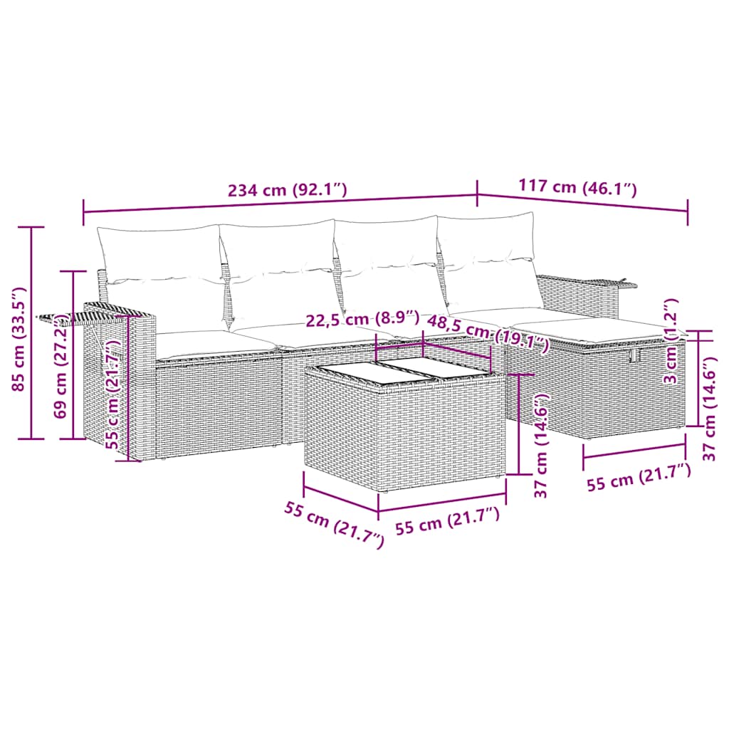 6 Piece Garden Sofa Set with Cushions Grey Poly Rattan
