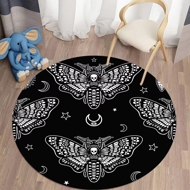 Death Moth Round Carpet Gothic Skull Round Floor Mat Butterfly Moon Living Room Carpets Bathroom Kitchen Area Rug Doormat Decor