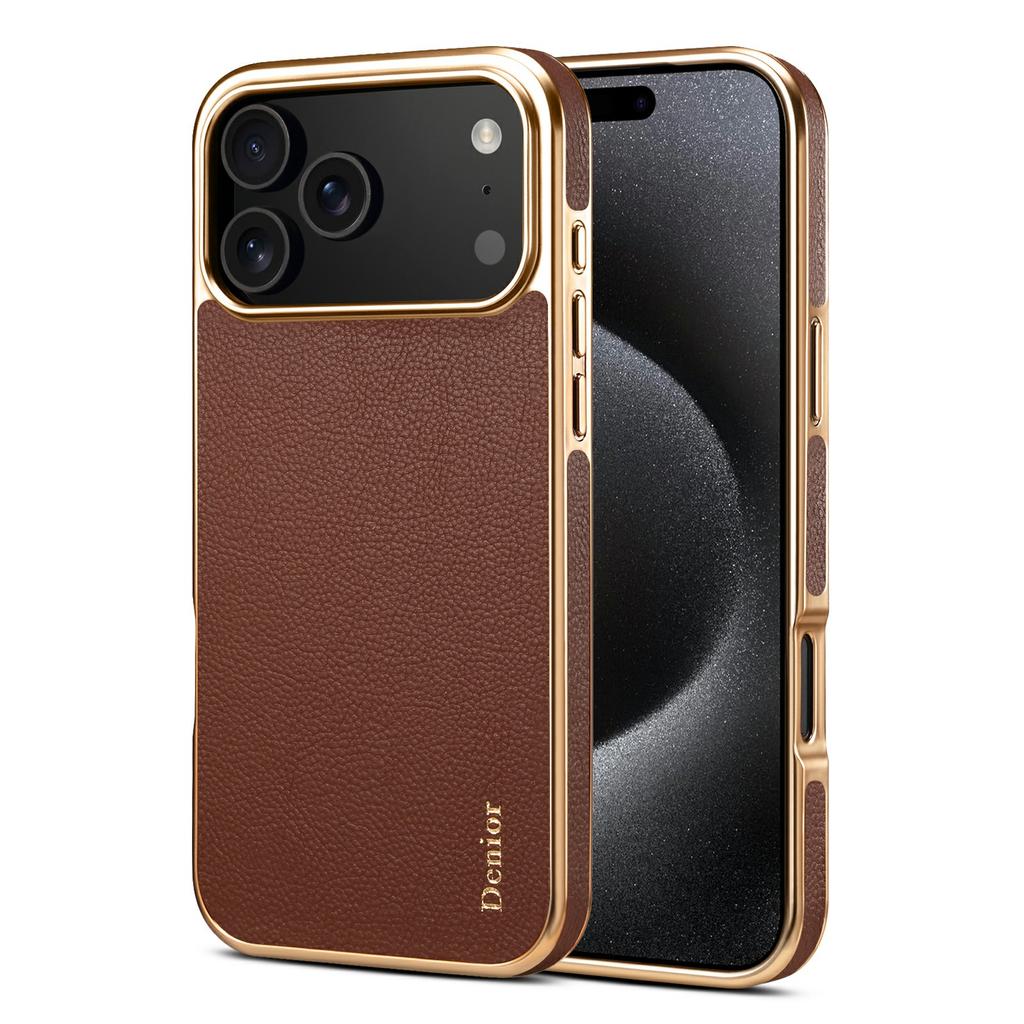 DENIOR Чехол для iPhone 17 Pro Покрытие из натуральной коровьей кожи PC+TPU Гальваническое покрытие Чехол для телефона