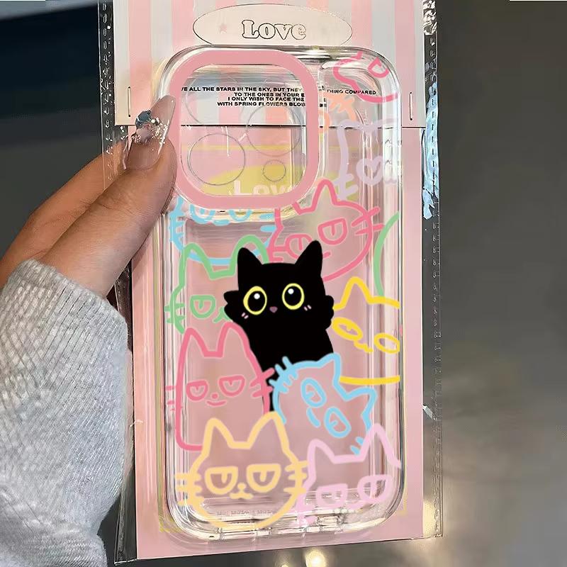 Прозрачный Милый Черный Кот Чехол для Телефона для iPhone 16E 11 13 12 14 16 17 Pro Max 15 Plus XS 17 Air Животное Мягкий ТПУ Чехол Fundas