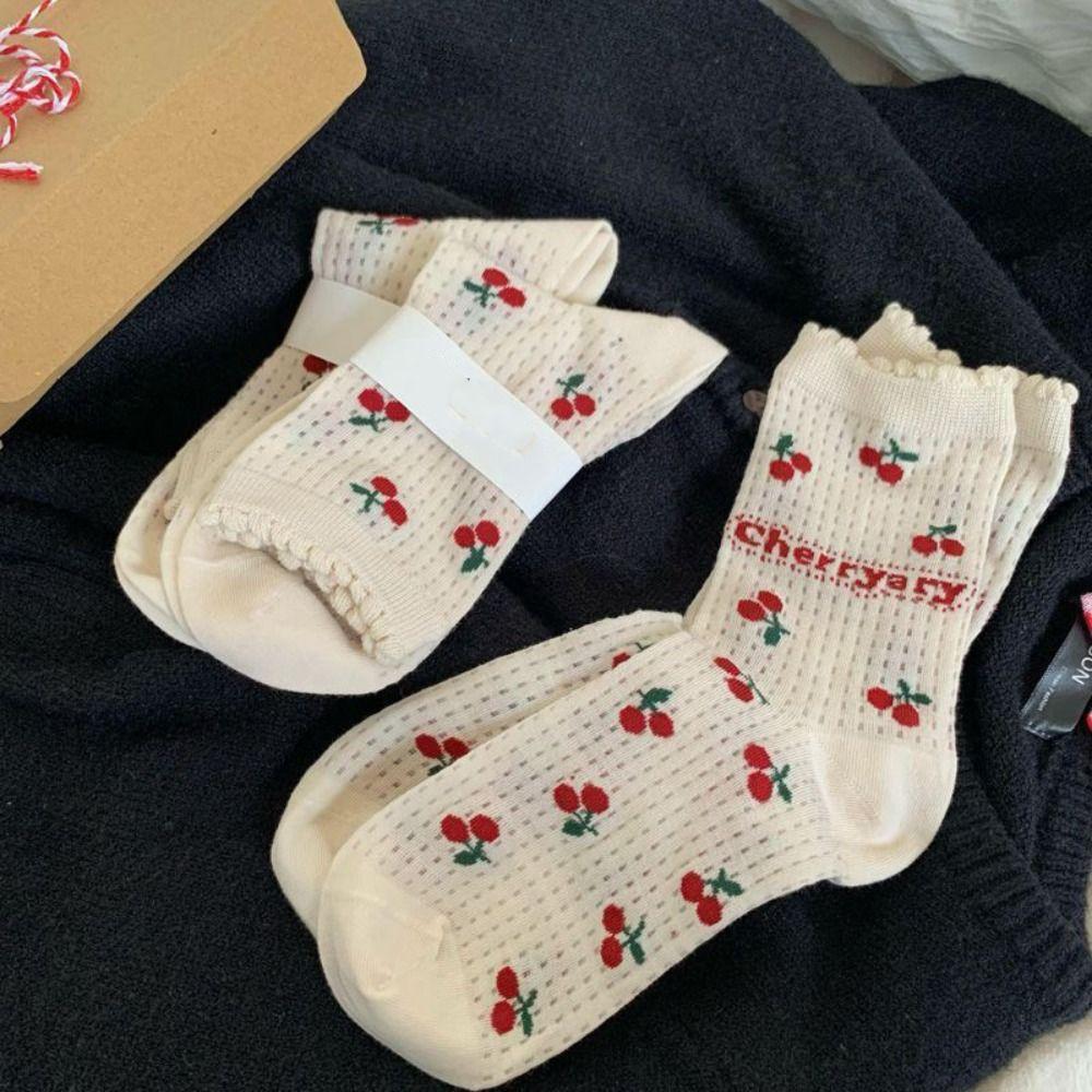 Hollow Out Cherry Short Socks Ruffle Summer Tube Socks Fashion Mesh Ankle Socks Streetwear