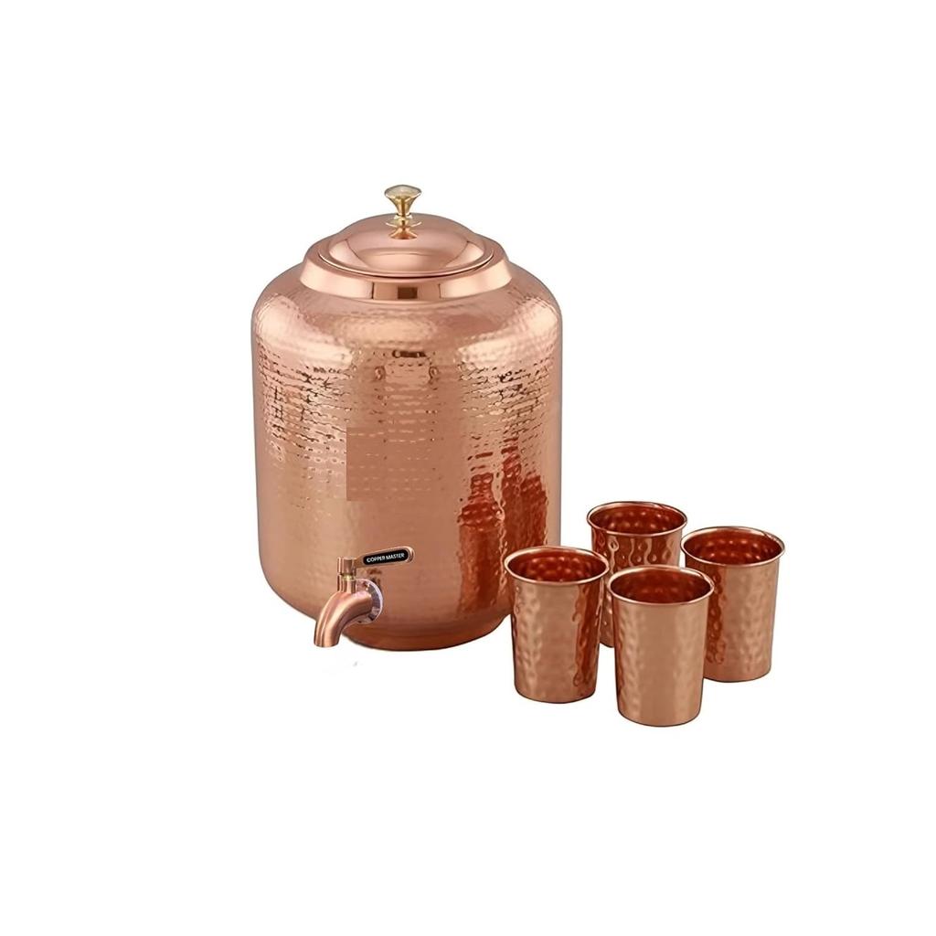 8 Litre Hammered Copper Water Dispenser (Matka) Container Pot with 4 Pure Copper Glasses with Pure Copper