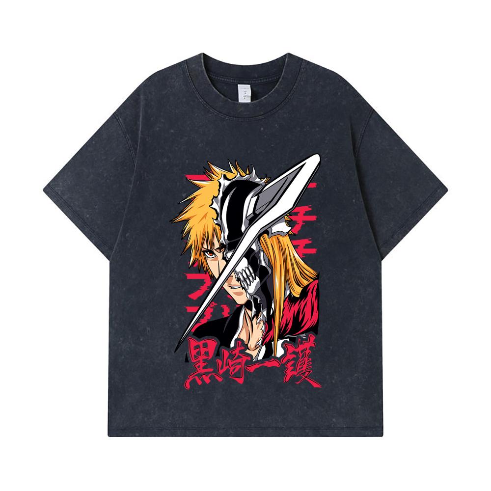 275 GSM Washed T-shirts 100% Cotton Bleach V4 Ichigo Print Unisex Heavy Cotton T Shirt