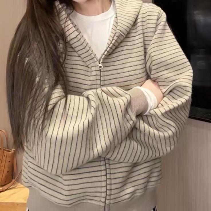 Женская куртка-кардиган на молнии с капюшоном в полоску, ранний осенний стиль - Нишевый ленивый стиль, Повседневная свободная кофта