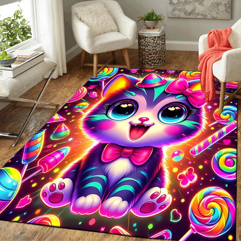 1pc Candy Cat Design Area Rug - Soft, Anti-Slip, and Durable Gaming Room Decor for Bedroom