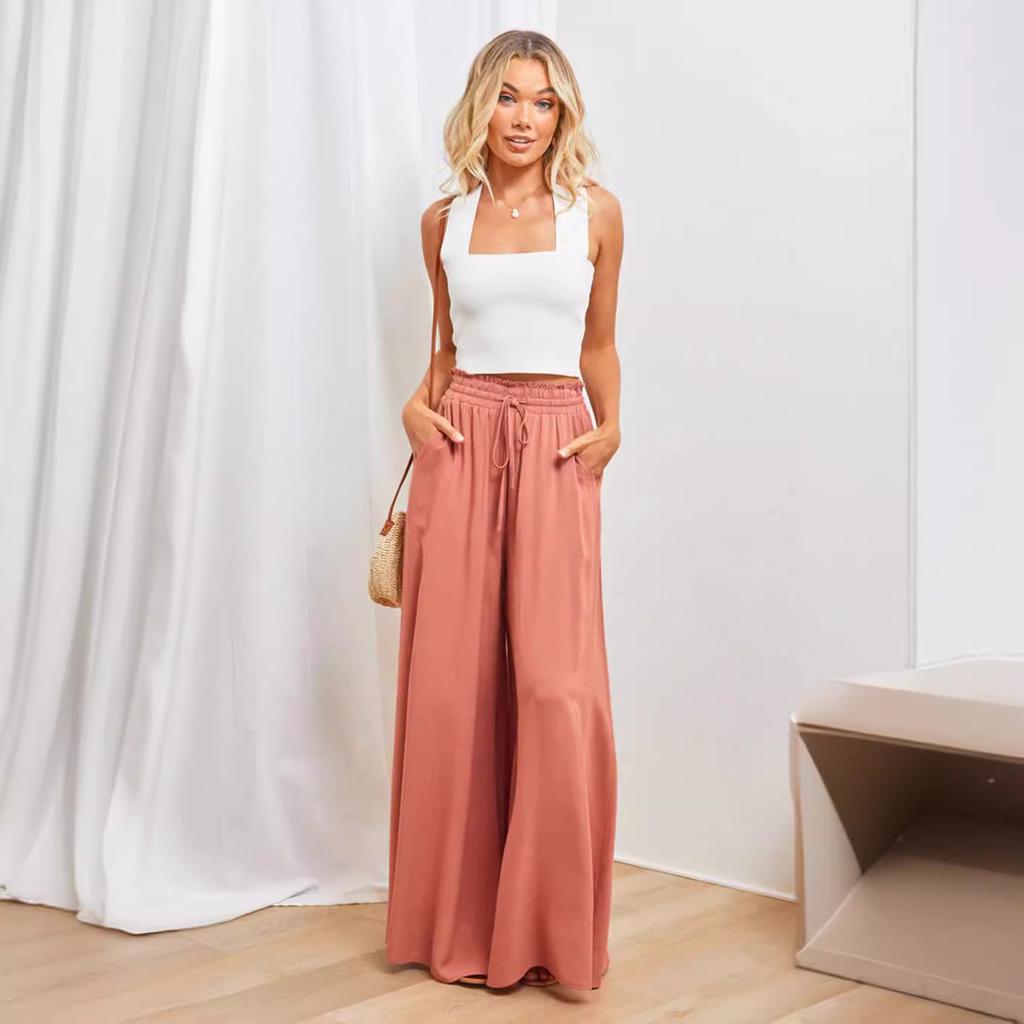 Summer Women's Wide Leg Pants with Elastic Waistband Casual Loose Fashion Trousers
