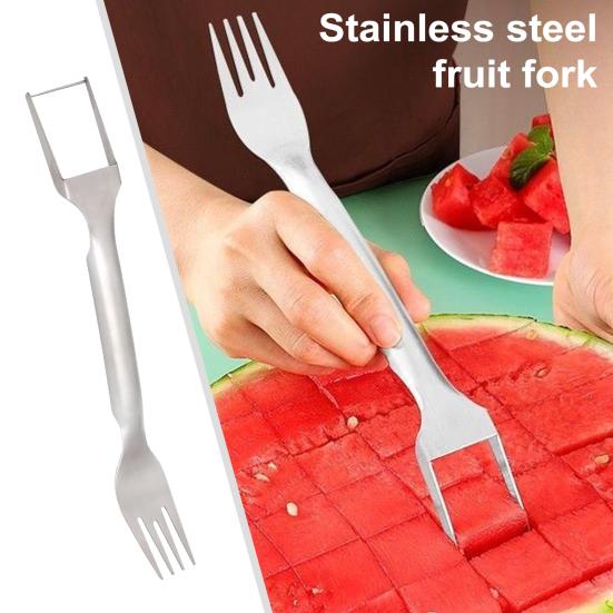 Stainless Steel Fruit Fork Cutter Watermelon Dual Slicer Tool with 2-In-1 Head Fork Lightweight