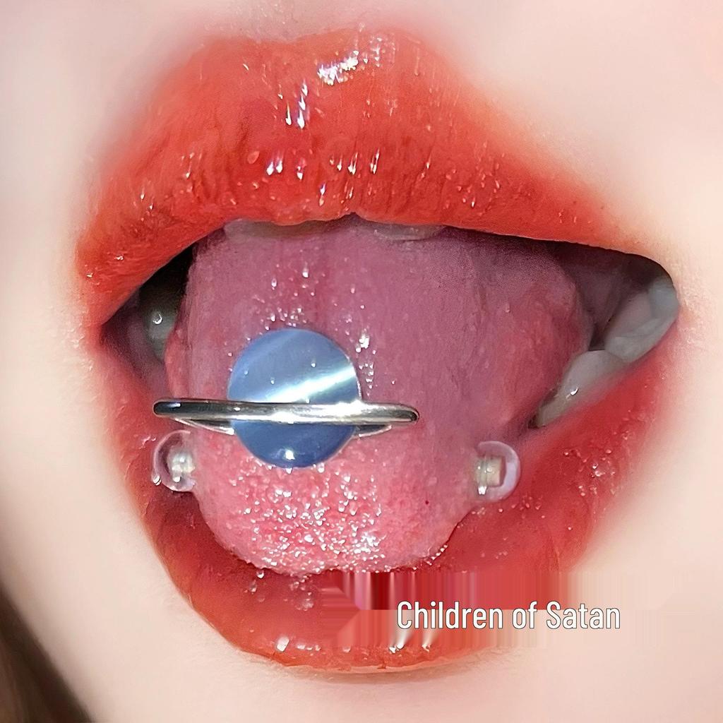 Satan's Child Titanium Cat's Eye Tongue Stud - Super Flash Tongue Piercing Ring