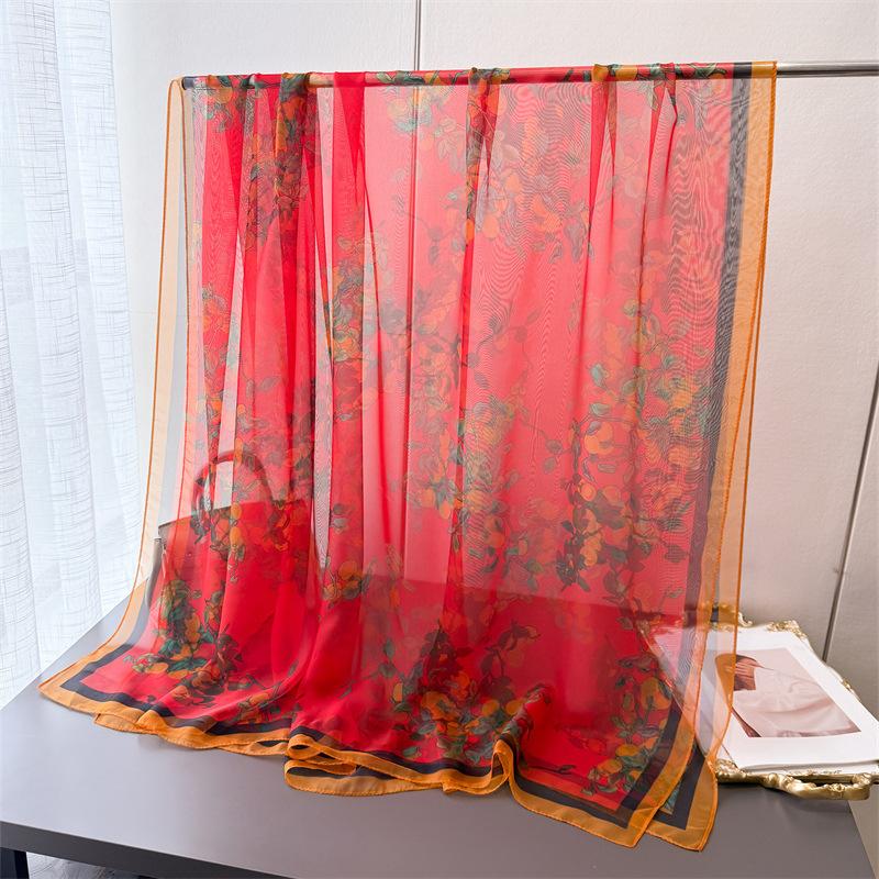Green Orange Blossom Encryption Soft Yarn Printing Spring And Summer Silk Scarf Large Long Scarf Travel Shawl Sun Protection Women'S Scarf Headscarf