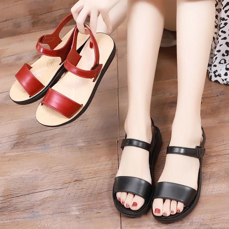 Сандалии для мам, летняя женская мода, туфли на плоской подошве, повседневные, сандалии для женщин среднего возраста, обувь для людей среднего возраста и пожилых людей