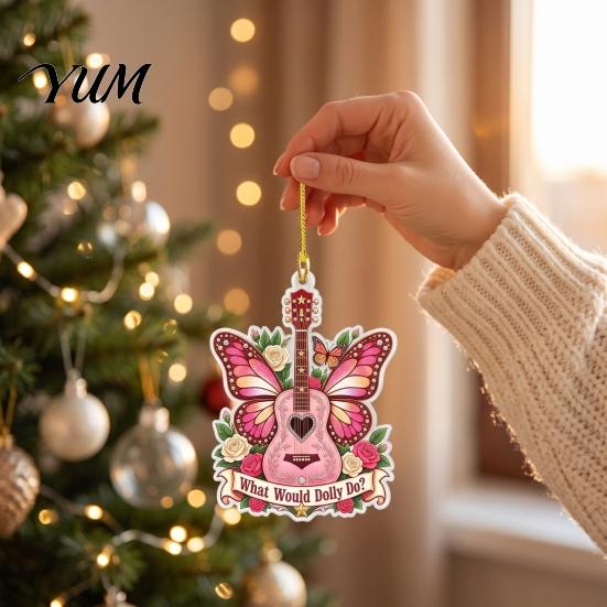 Creative Hanging Guitar Ornaments Pink Butterfly Ornament, Acrylic Music Decor with Rose Decorative for Trees And Quote, Christmas Tree Pendant,