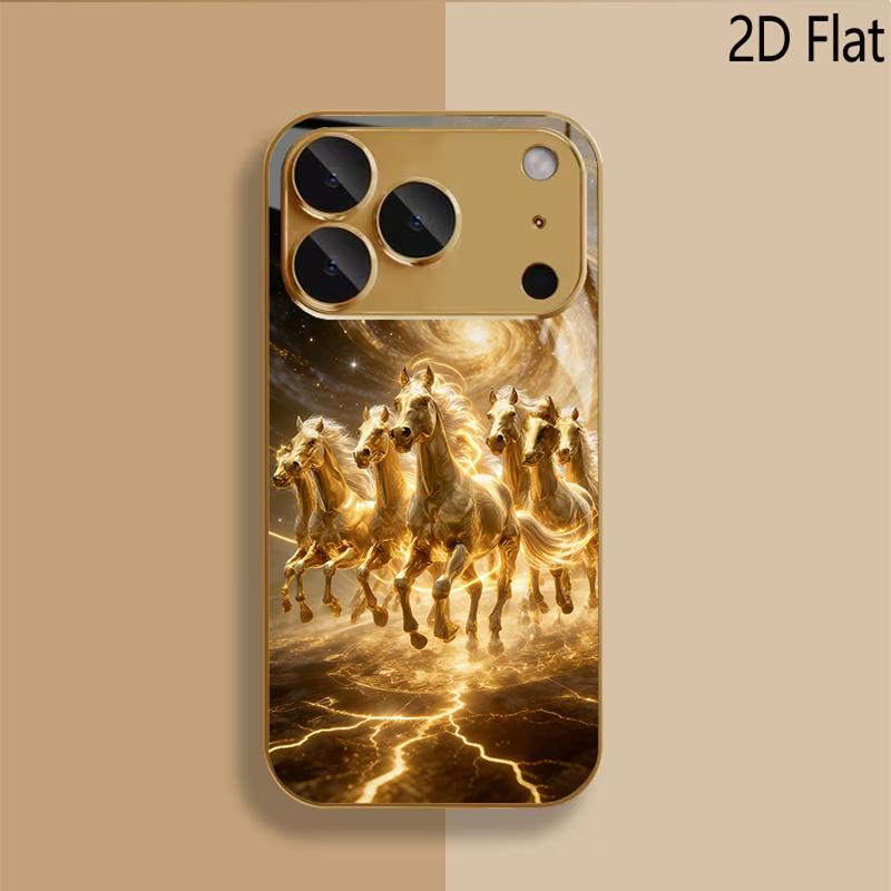 Дизайн из закаленного стекла с узором «Золотой конь» для iPhone 16 17 Pro Max 15 14 13 12 11 Pro Max Чехол для телефона Защитная крышка для камеры Ударопрочный Жесткий B