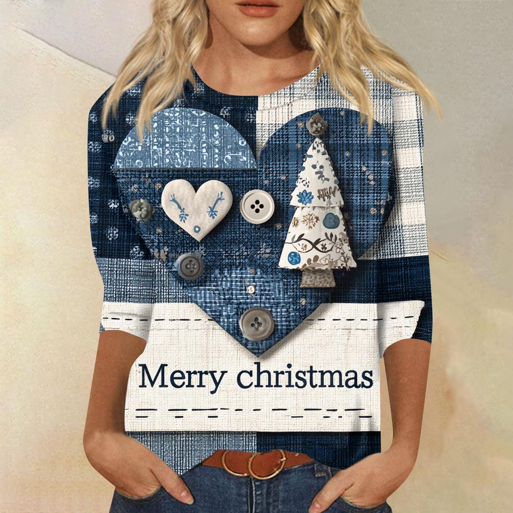 Women's Fashion Casual Round Neck Three-quarter Sleeve Christmas Print T-shirt Top