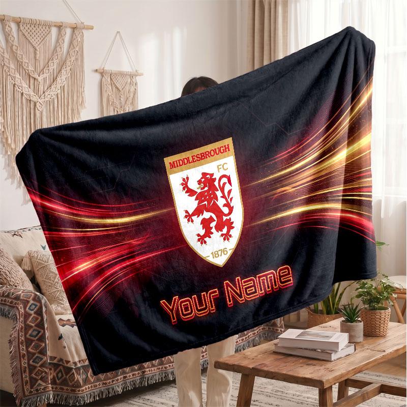 Middlesbrough FC Personalized Fleece Blanket With Football Logo, Custom Name Text Soft Warm Home Throw Blanket