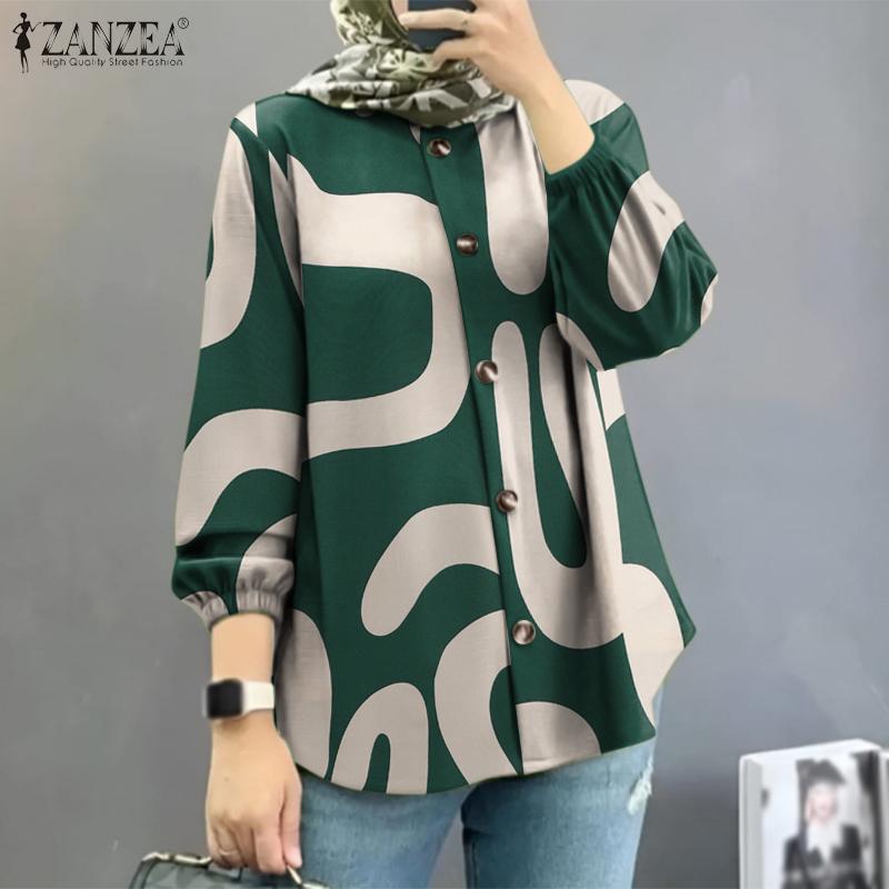 ZANZEA Women Lantern Sleeve Geometric Pattern Casual Blouse