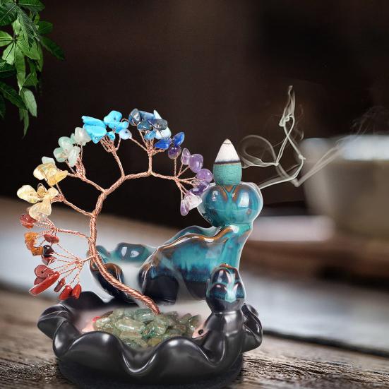Waterfall Incense Burner Faux Crystal Stone Lucky Tree Resin Ornament Handicraft Incense Cone Holder for Room Home Zen Decoration Meditation