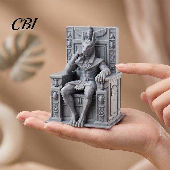 3D Printed Stone Sculpture Anubis Sitting on Throne Statue, Palm-Sized Retro Gray Texture Mini Ornament, Ancient Egyptian Style Stable Base Figurine