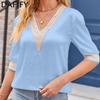 Женские модные повседневные летние однотонные блузки и рубашки с v-образным вырезом с рукавами 1/2 и принтом