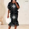 Women Plus Size Black Green Gold Round Neck Printed Batwing Sleeve Ruffle Top Fishtail Skirt Two Piece Set