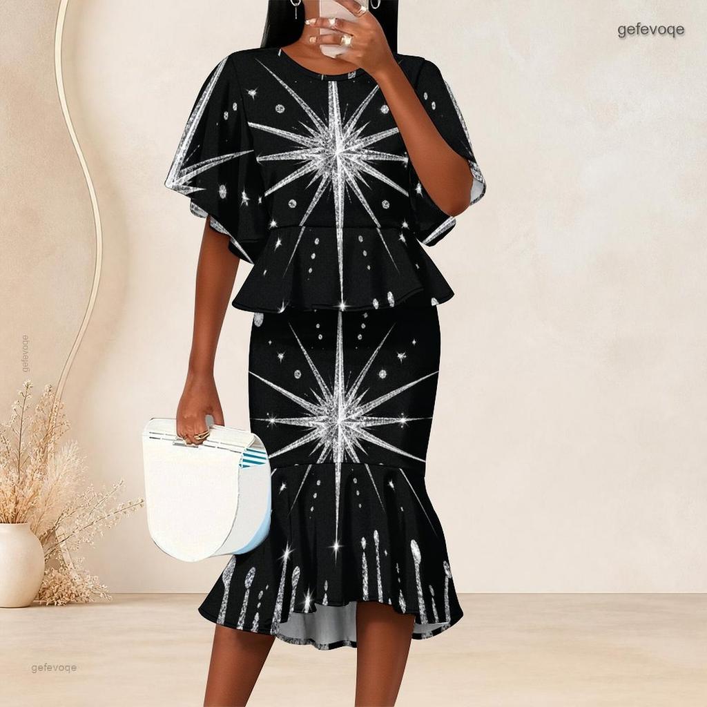 Women Plus Size Black Green Gold Round Neck Printed Batwing Sleeve Ruffle Top Fishtail Skirt Two Piece Set