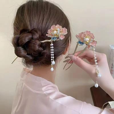 Заколка для волос с цветком пиона в китайском стиле, женская, новая, в китайском стиле, с кисточкой, аксессуары для волос