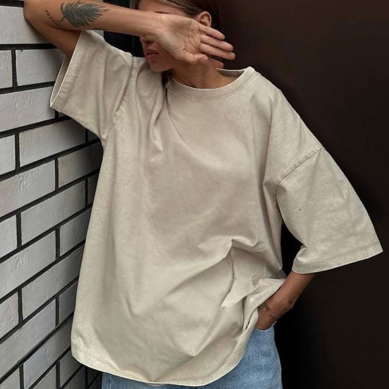 Летняя футболка с коротким рукавом большого размера для женщин, новые модные топы с круглым вырезом, свободная повседневная хлопковая футболка, женская уличная однотонная простая женская футболка 24651