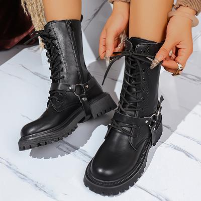 Мода Мода Пряжка ремня Платформа Ботильоны до середины икры Женские Черные На молнии Толстая подошва Мотоциклетные ботинки Женские Панк Искусственная кожа Ботас Мухер