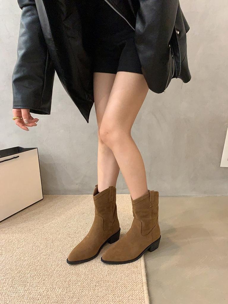 Thick Heel Pointed Retro Brown Western Cowboy Boots Women's Shoes 2024 New V-mouth Short Boots Spring and Autumn Martin Boots