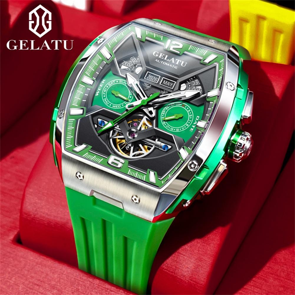 GELATU Automatic Men's Watches Original Silicone Strap Luxury Hollowed Dial Date Week 5Bar Waterproof Mechanical Man Watch 6013