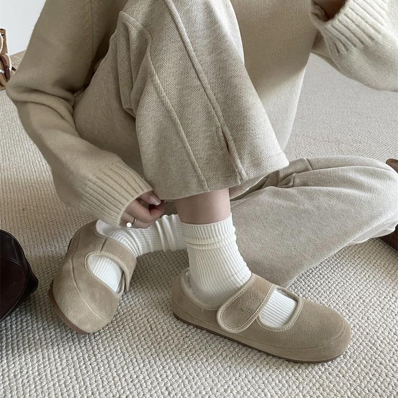 Шерстяные ретро Мэри Джейн на плоской подошве Шерстяные одинарные туфли женские 2025 осень и зима бархатные туфли Birkenbeanie