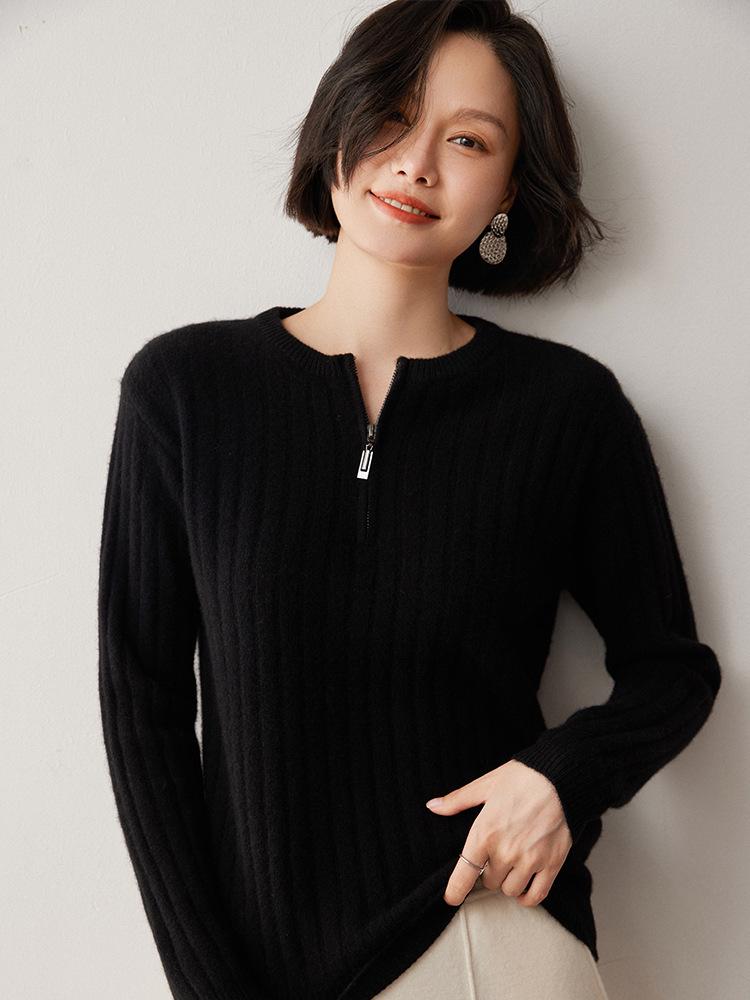 Women's Half-Zip Cashmere Knit Sweater – Long Sleeve, Round Neck Pullover for Autumn and Winter