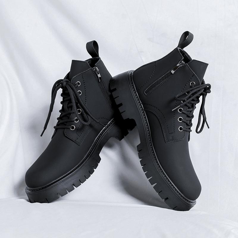 2024 Genuine Leather Mid Top Boots Men Platform Thick Sole Classic Black British Style Chelsea Boots High-top Men Punk Shoes