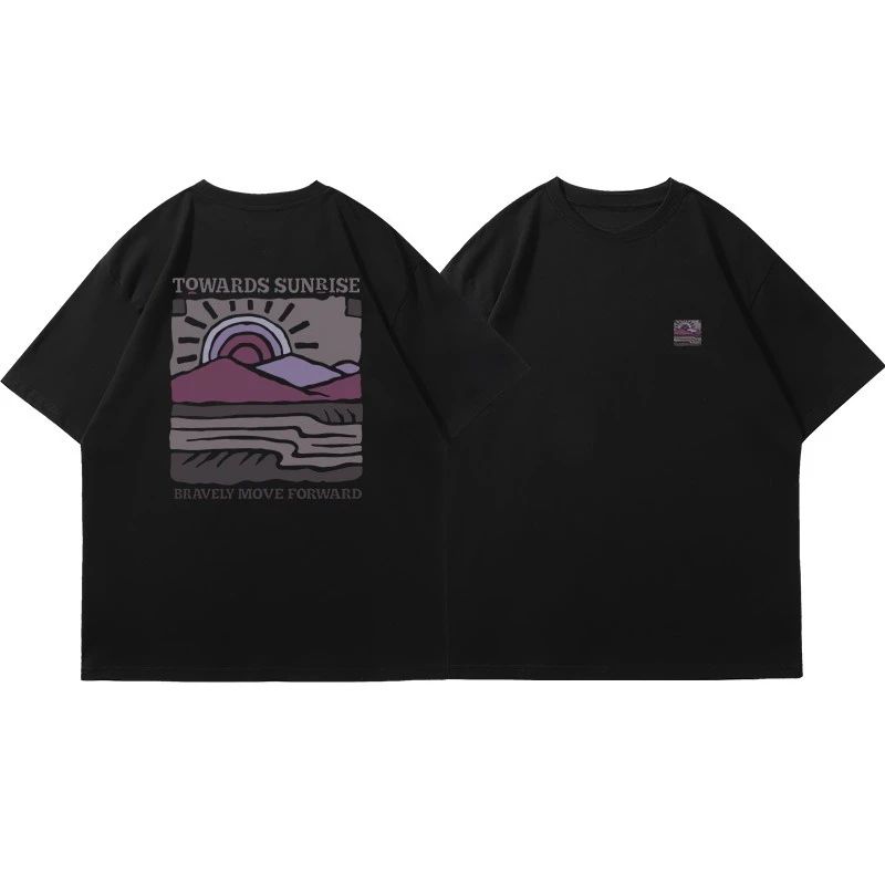 New American Retro Sun Mountain Sea and Sunrise Short-sleeved T-shirt with A Trendy and High-end Look Tops High Street Unisex