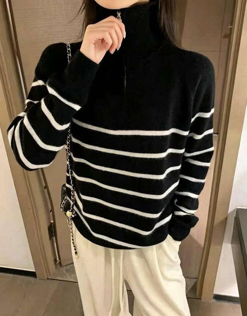 Women's Pure Wool Striped Half-Zip Sweater - Loose Fit, Slimming, Autumn/Winter Knit