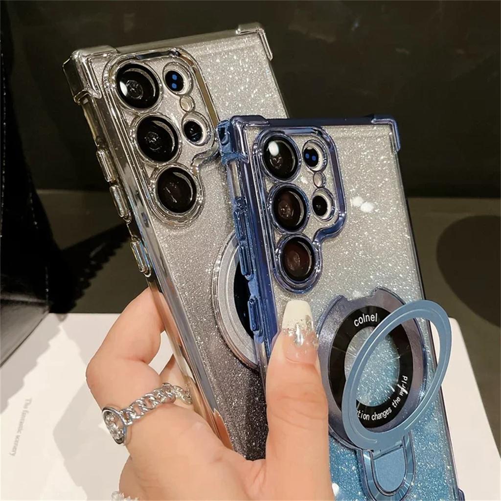 Plating Airbag Gradient Case For Samsung Galaxy S25 S24 S23 S22 S20 S21 Fe Plus Ultra Lens Protection Magnetic Holder Cover For For A24 A55 5G A53 A54