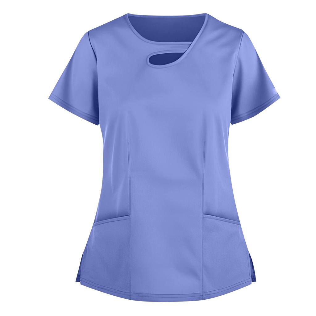 (Куниде) Женский однотонный топ с карманами и карманами с короткими рукавами и V-образным вырезом