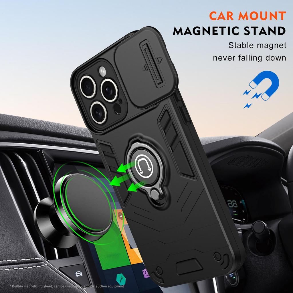 Защитный чехол для iPhone 15 16 Pro Max Plus/ 16E/ 14/ 13/ 12/ 11/ XS/ XR/ X с магнитным металлическим кольцом-держателем на 360°, выдвижной крышкой камеры и защитой от царапин на задней панели