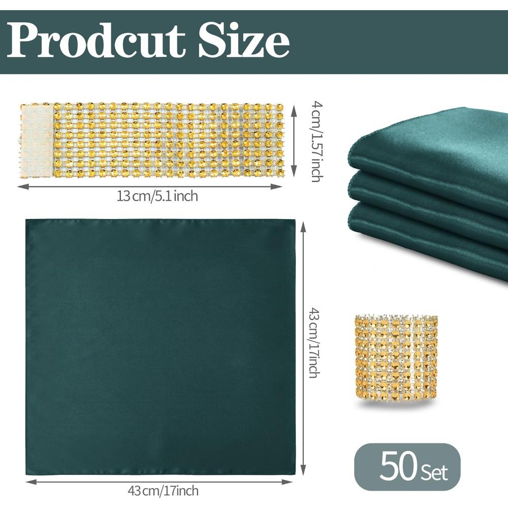 M 100 Pcs Dark Green Satin Napkins and Napkin Rings Set, 17 x 17 Inch Square Cloth Napkins Set of 50, Silky Soft Table Napkins Bulk