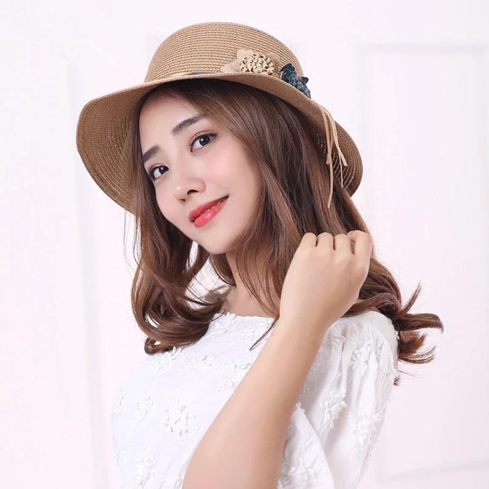 For Travel Woven Summer Beach Sunshade Hat Sun Hat Flower Straw Hat Panama Style Hat