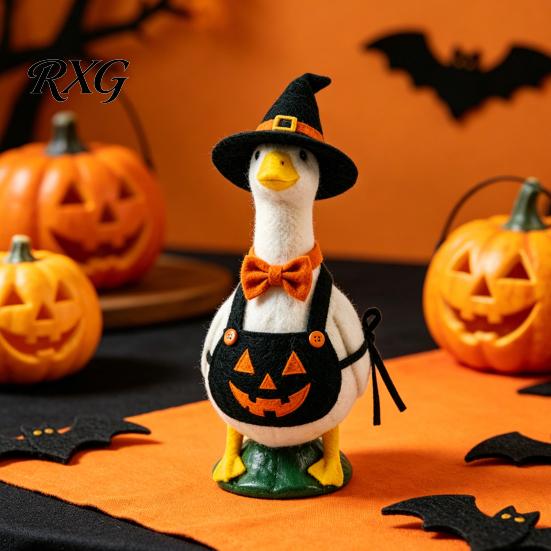 Halloween Goose Statue Mini Desk Statue, Cute Small Figurine with Hand Painted Garden Pumpkin Apron And Wizard Hat for Home Office Table Decor
