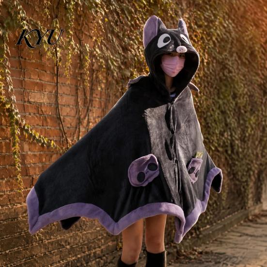Versatile Warm Shawl Bat Blanket Hoodie for Adults, Cute Shark Fox Hooded Cape, Soft Plush Cape Cozy Wearable Halloween Cosplay Home Loungewear Party