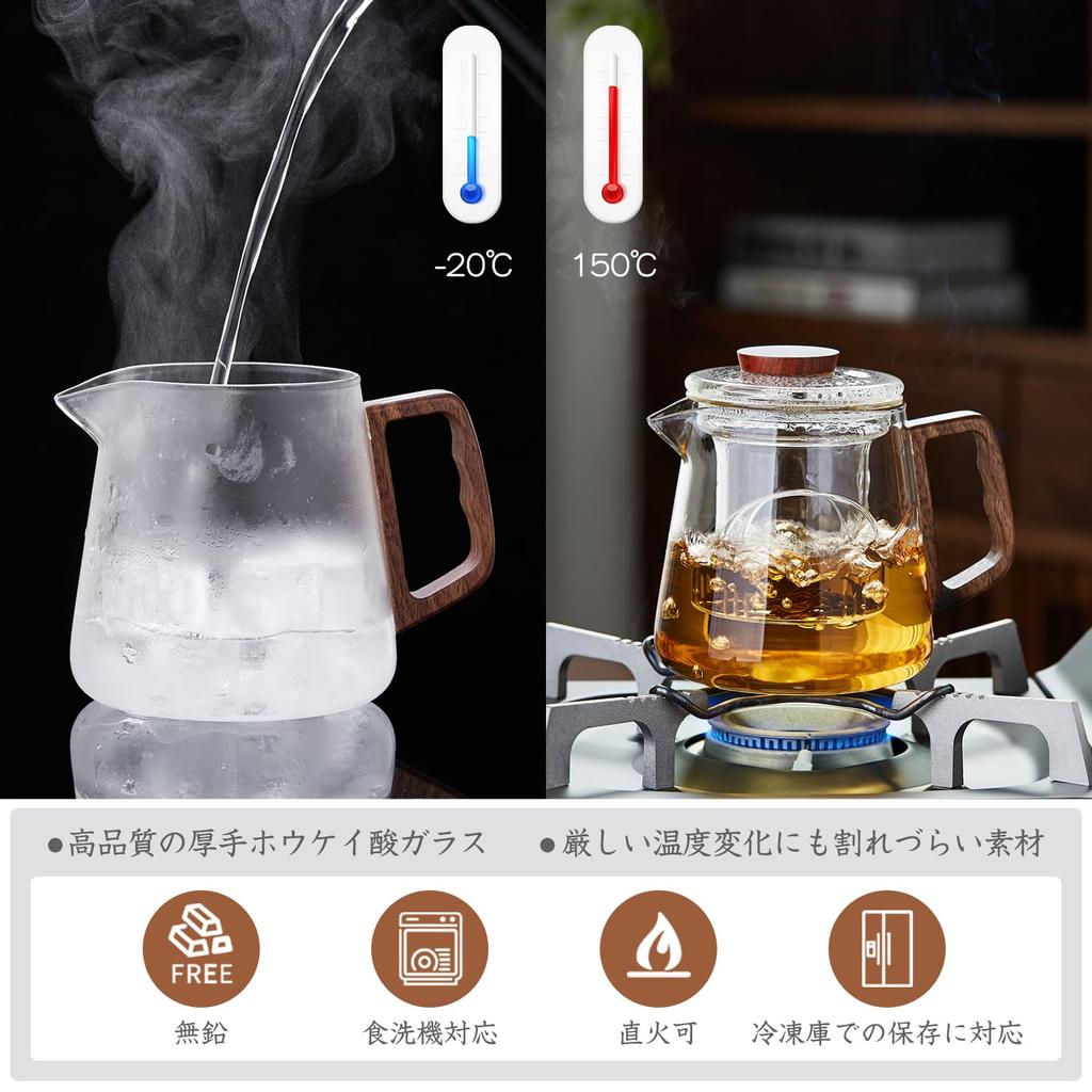 Pokaro Tea Heat-Resistant Glass Teapot, 650ml, with Lid, Wooden Handle, and Glass Tea Strainer, Stovetop-Safe, Handmade, with Black Tea Pods, Boiling